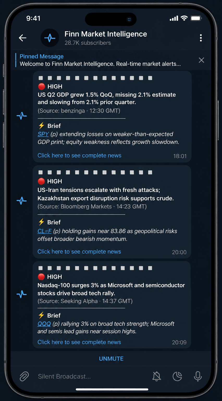 Finn alert delivered in Telegram showing a market-moving news brief with source, ticker and impact analysis
